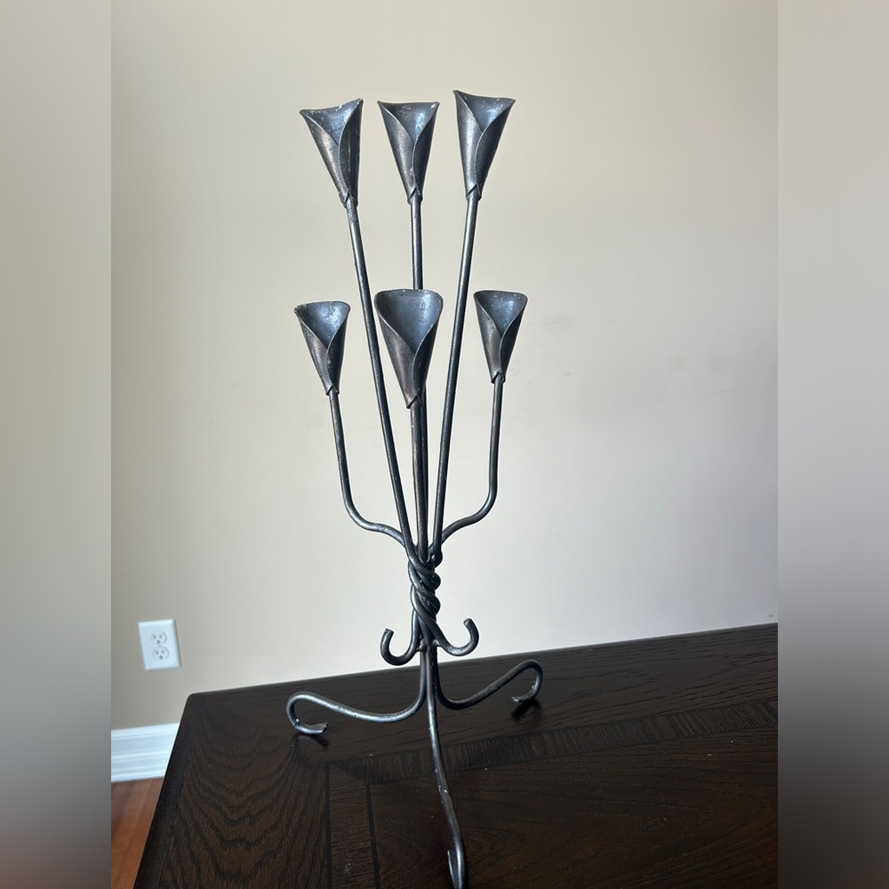 Vintage Hand Forged Wrought Iron Lily Shaped Taper Candle Holder Brutalist
